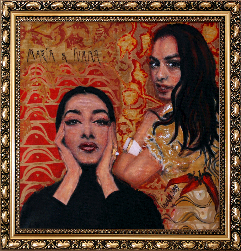 dvojportrét Maria Callas a Ivana, portrét přítelkyně, ručně malovaný, obraz na stěnu, olej na plátně, malba od umělce, česká malířka, galerie obrazů lidí, moderní umění, umělecké dílo na prodej, obraz z fotky