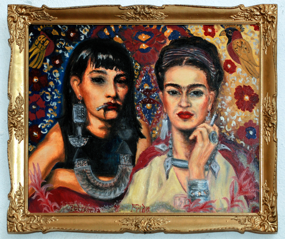 dvojportrét Frida Kahlo a Petronela, portrét kamarádky, ručně malovaný, obraz na stěnu, olej na plátně, malba od umělce, česká malířka, galerie obrazů lidí, moderní umění, umělecké dílo na prodej, obraz z fotky