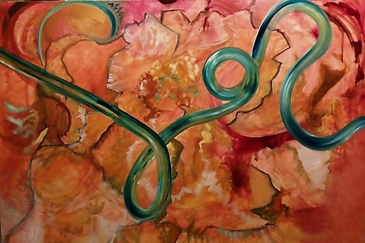 abstraktní obraz malovaný přírodními pigmenty, olejem a zlatem, zelená cesta na oranžovém a červeném pozadí
