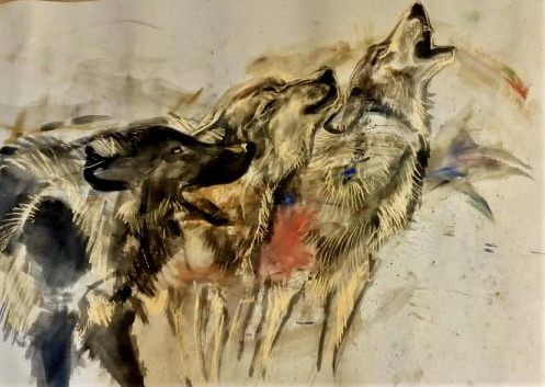 Malba tří vyjících vlků. Vepředu černý vlk a za ním dva světlí vlci.